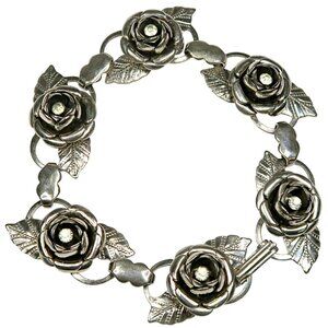 Vintage Mid-Century Rhinestone Rose Bracelet Silver Tone Floral Link Jewelry